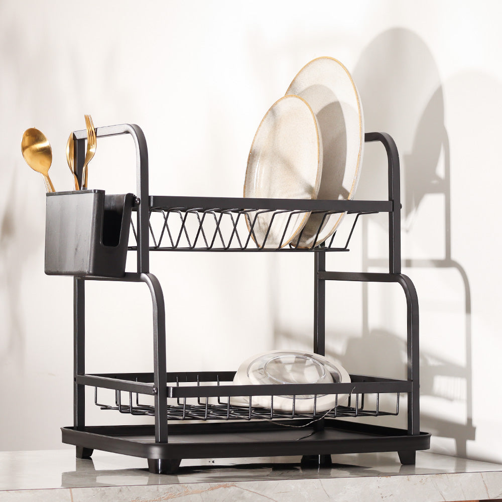 2-Tier Dish Rack with Cutlery Holder & Drainer - Black