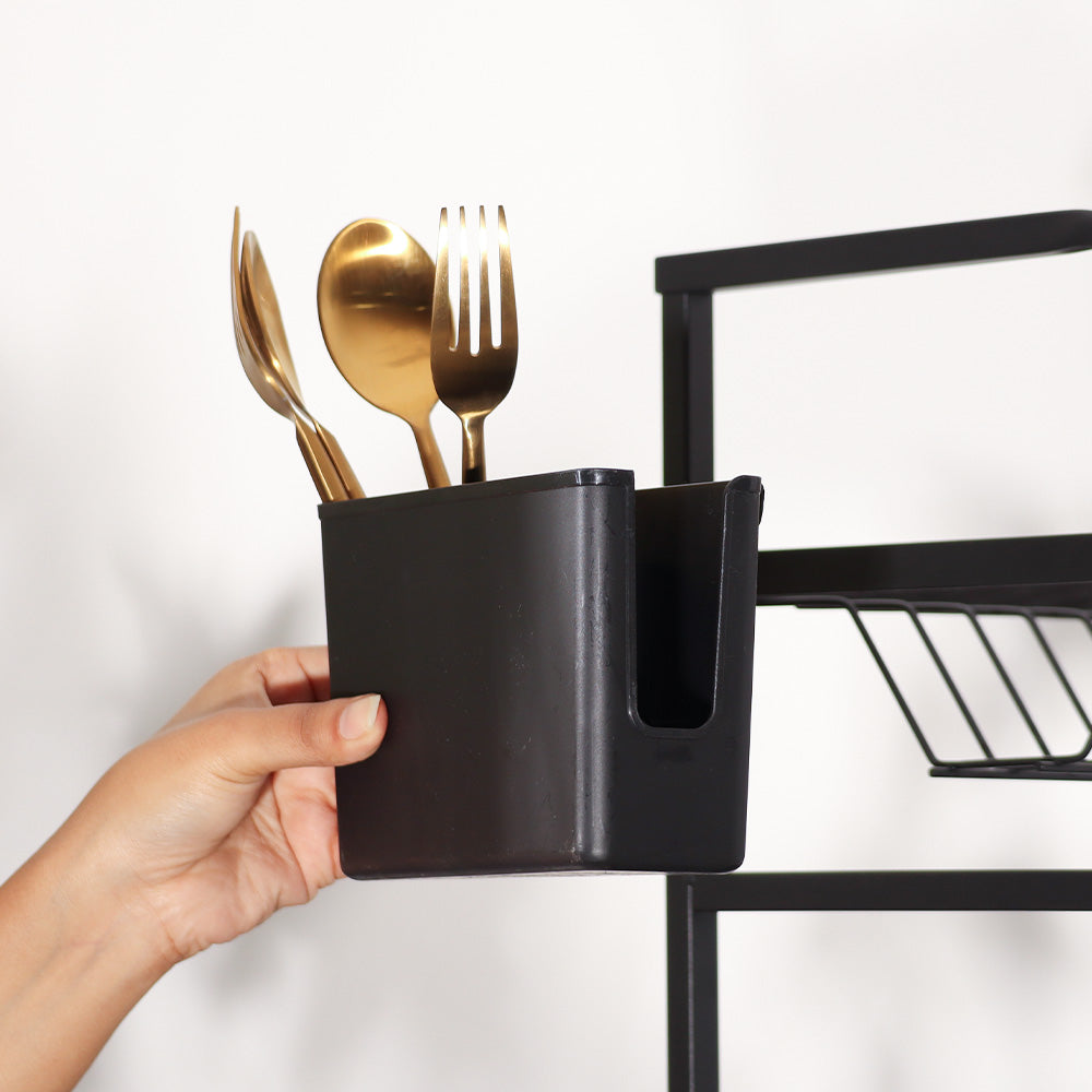2-Tier Dish Rack with Cutlery Holder & Drainer - Black