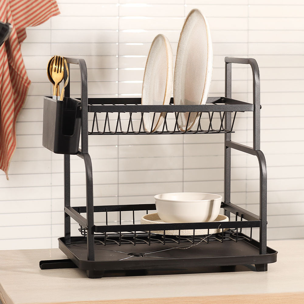 2-Tier Dish Rack with Cutlery Holder & Drainer - Black