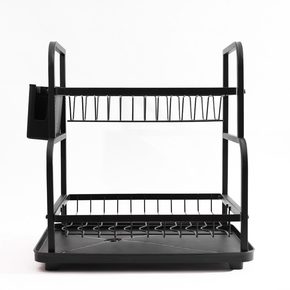 2-Tier Dish Rack with Cutlery Holder & Drainer - Black