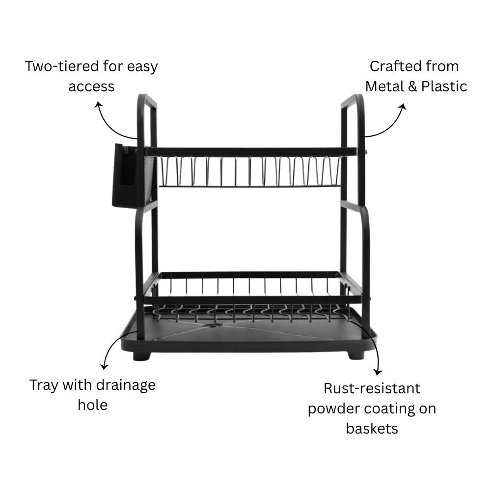 2-Tier Dish Rack with Cutlery Holder & Drainer - Black