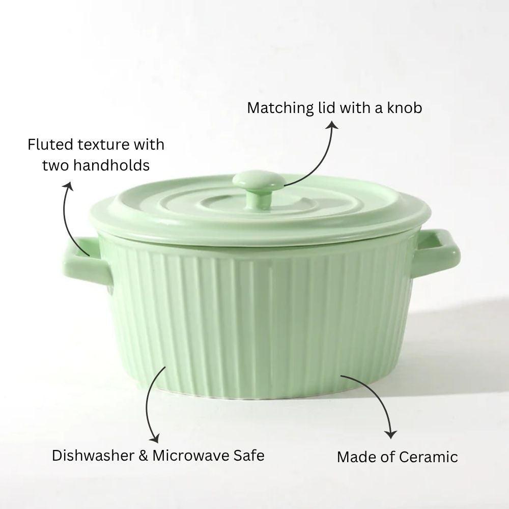 Vida Ceramic Fluted Serving Pot with Lid - Mint