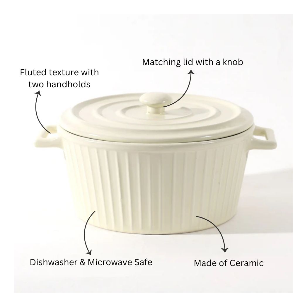 Vida Ceramic Fluted Serving Pot with Lid - Cream