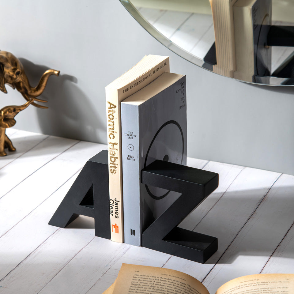 A to Z Concrete Bookends, Set of 2 - Black