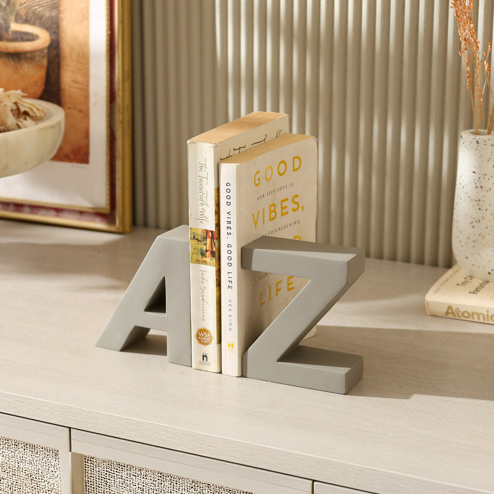 A to Z Concrete Bookends, Set of 2 - Dark Grey