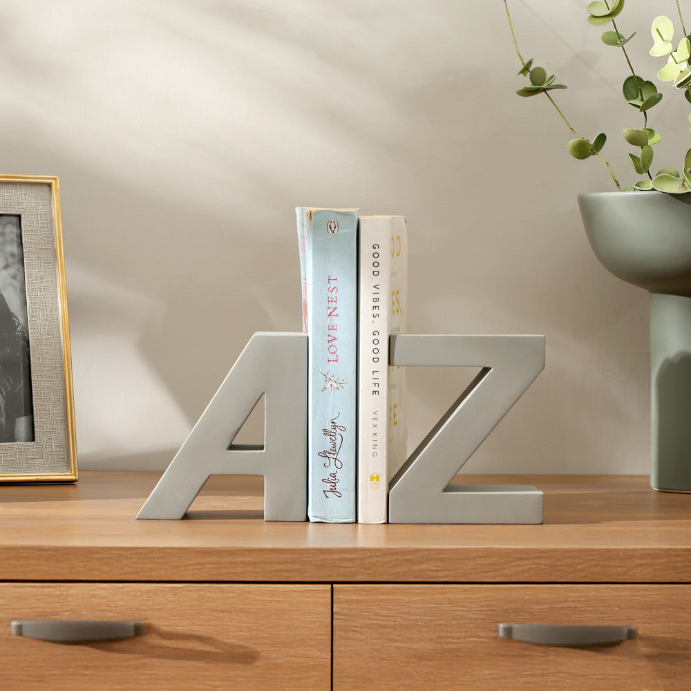 A to Z Concrete Bookends, Set of 2 - Dark Grey