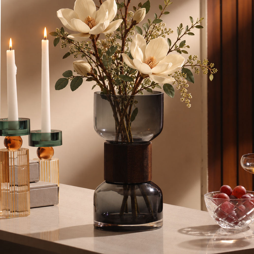 Afora Glass & Wood Cinched Vase Medium - Smoke