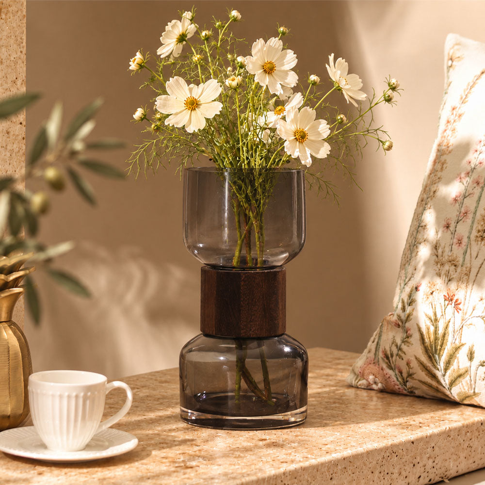 Afora Glass & Wood Cinched Vase Medium - Smoke