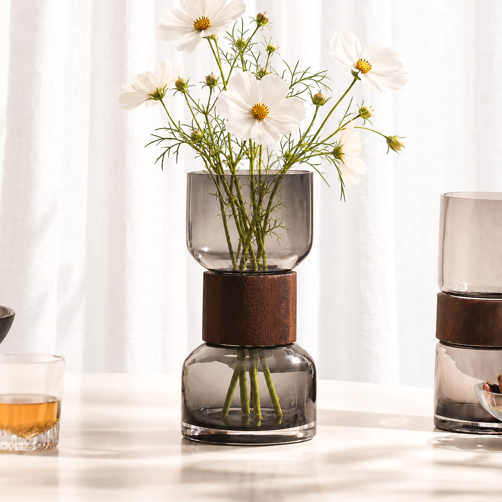 Afora Glass & Wood Cinched Vase Medium - Smoke