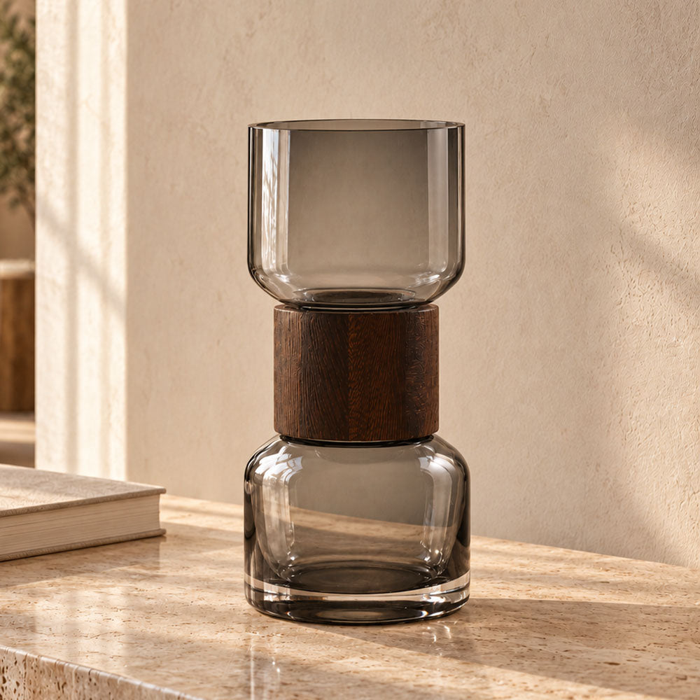 Afora Glass & Wood Cinched Vase Medium - Smoke