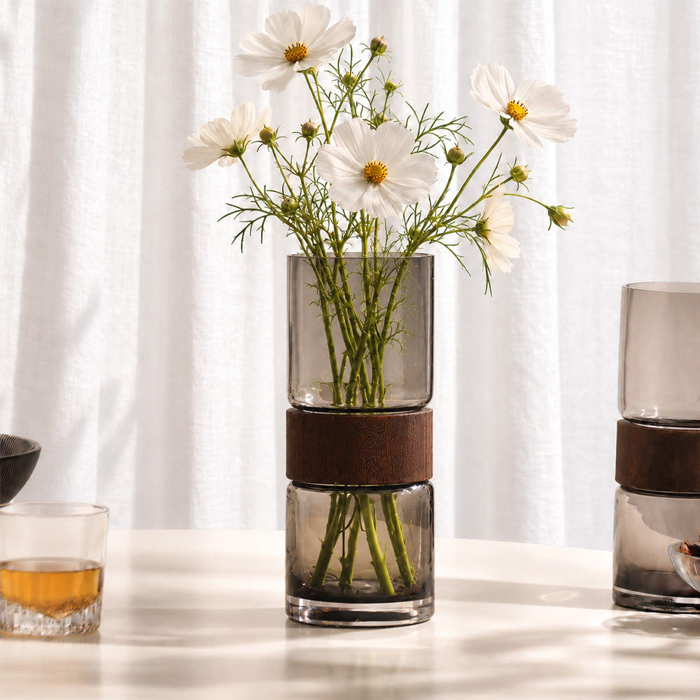 Afora Glass & Wood Cylindrical Vase Medium - Smoke Natural