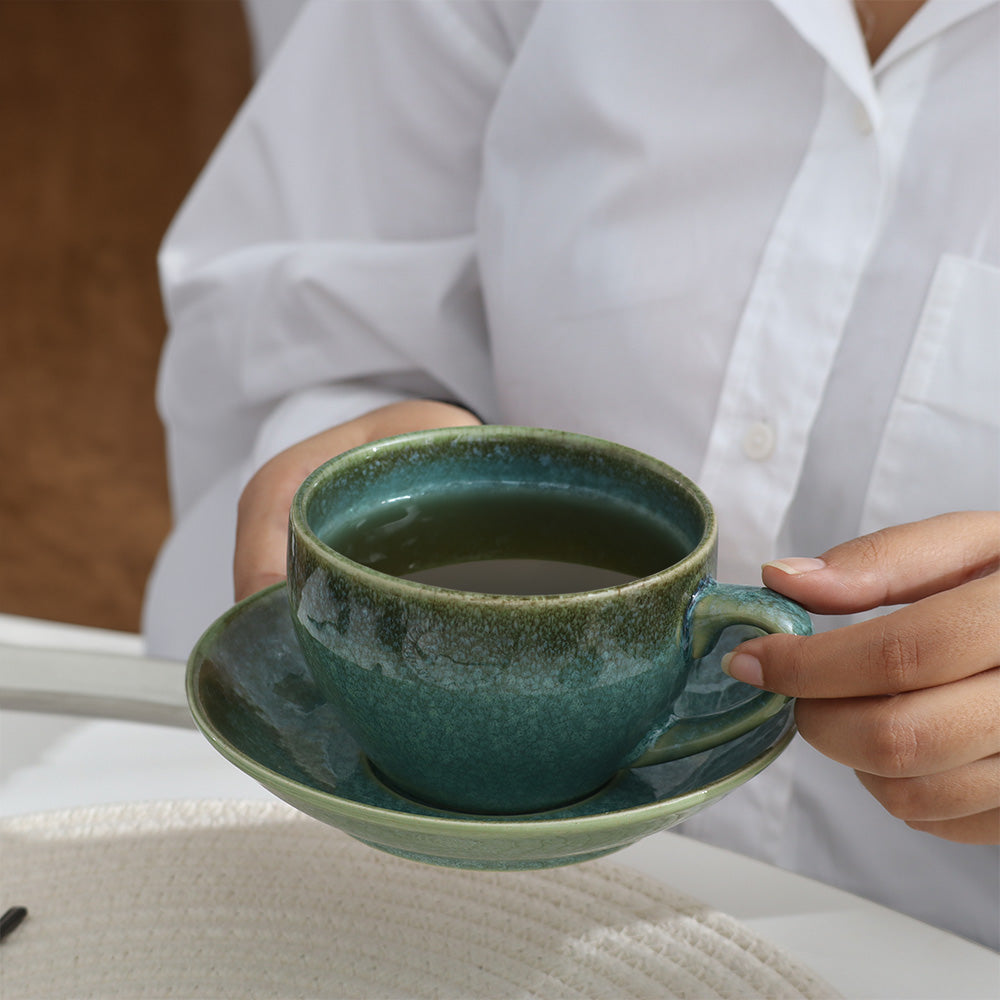 Amici Ceramic Cup and Saucer Set - Moss Green