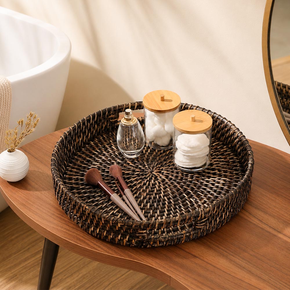 Amira Rattan Round Serving Tray Large - Rustic Black