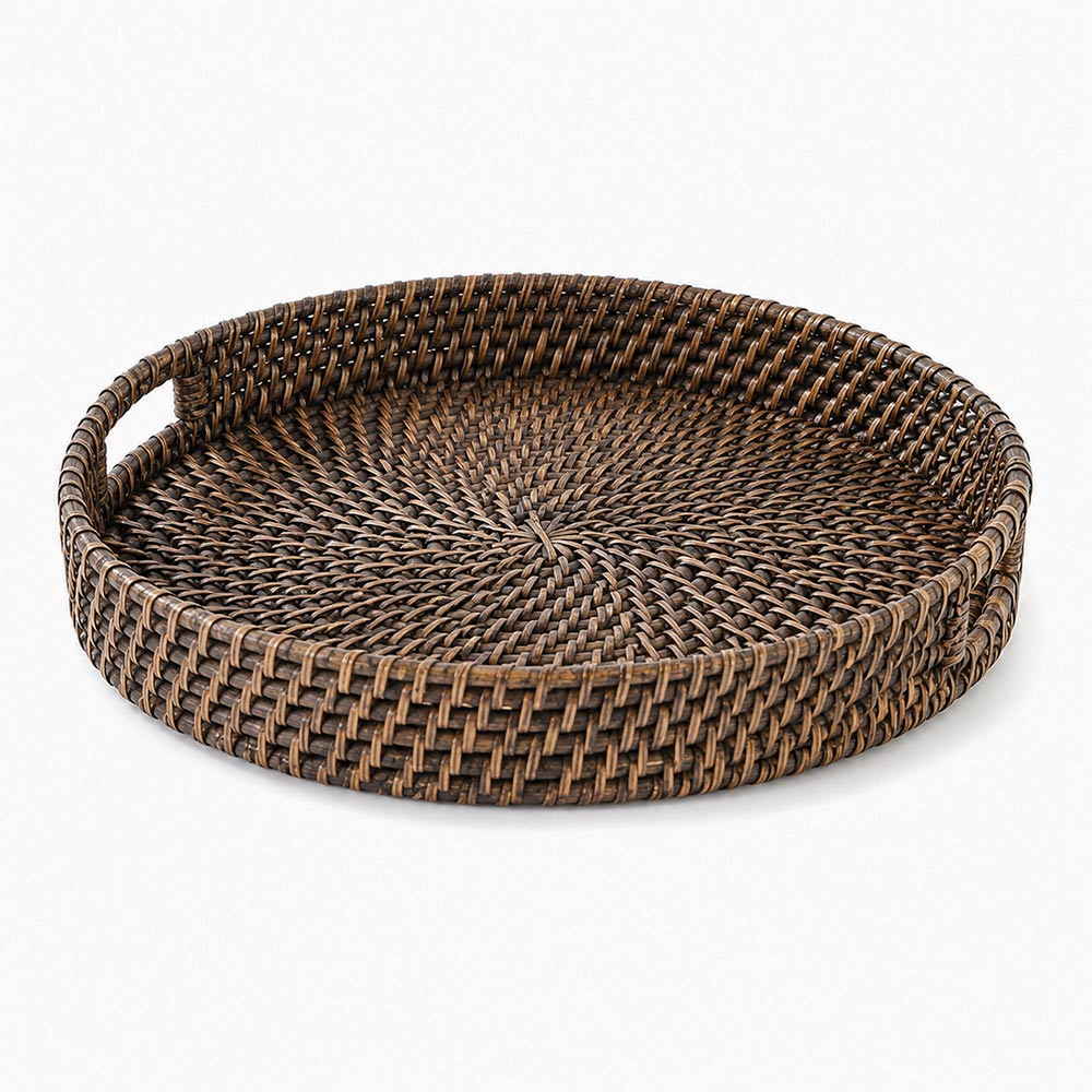 Amira Rattan Round Serving Tray Large - Rustic Black