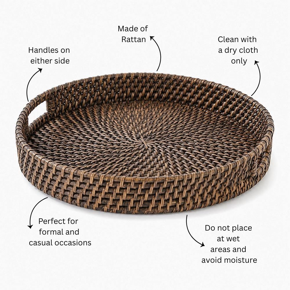Amira Rattan Round Serving Tray Large - Rustic Black