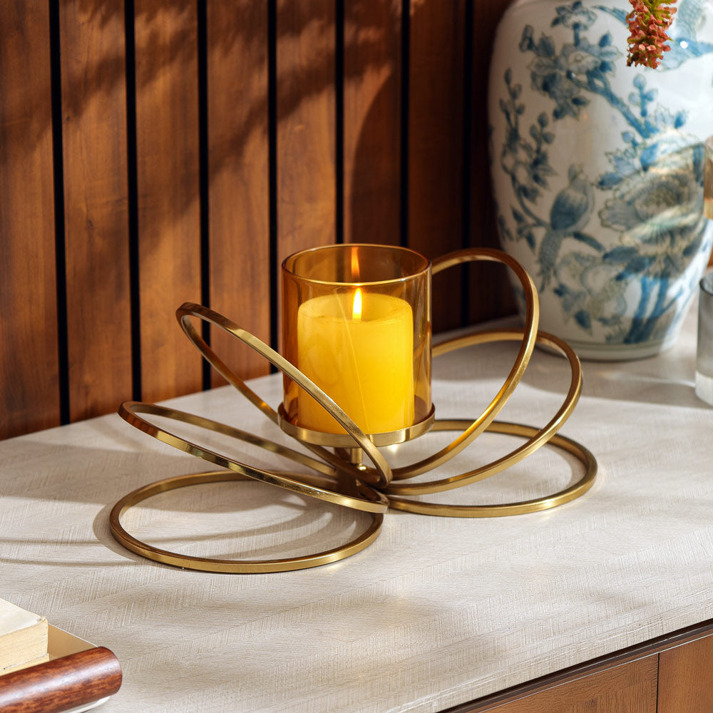 Anelli Glass Hurricane with Iron Stand - Gold