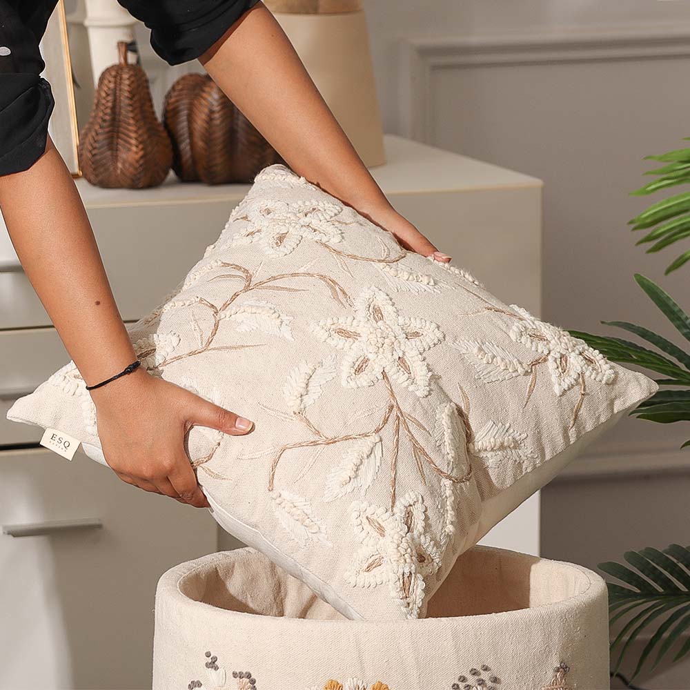 Anemone Embroidered Cushion Cover 45x45cm - Cream Beige