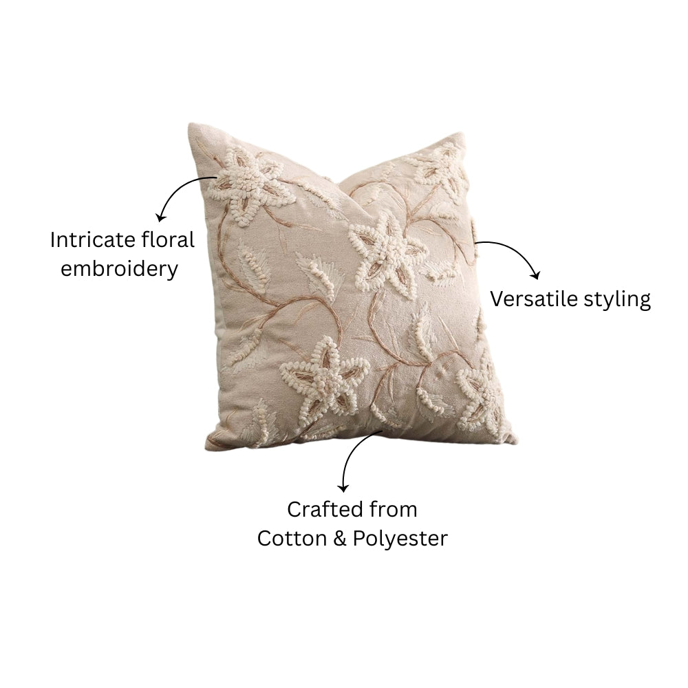 Anemone Embroidered Cushion Cover 45x45cm - Cream Beige