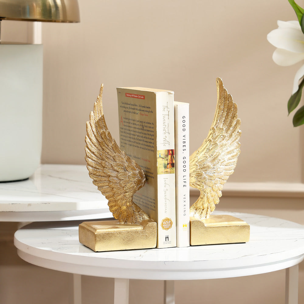 Angel Wings Bookends, Set of 2 - Antique Gold
