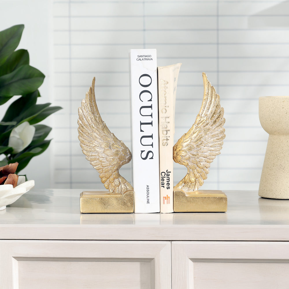 Angel Wings Bookends, Set of 2 - Antique Gold