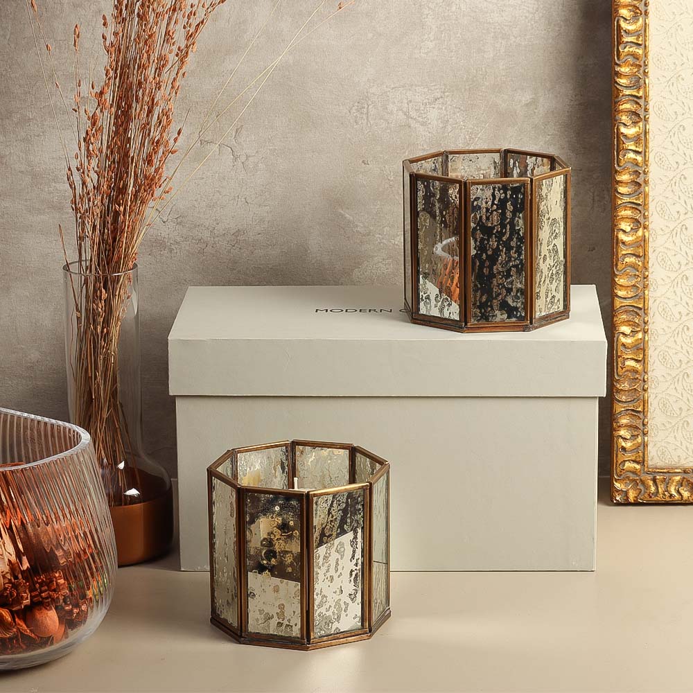 Annette 2-Piece Glass Hurricanes Gift Set - Tarnished Gold