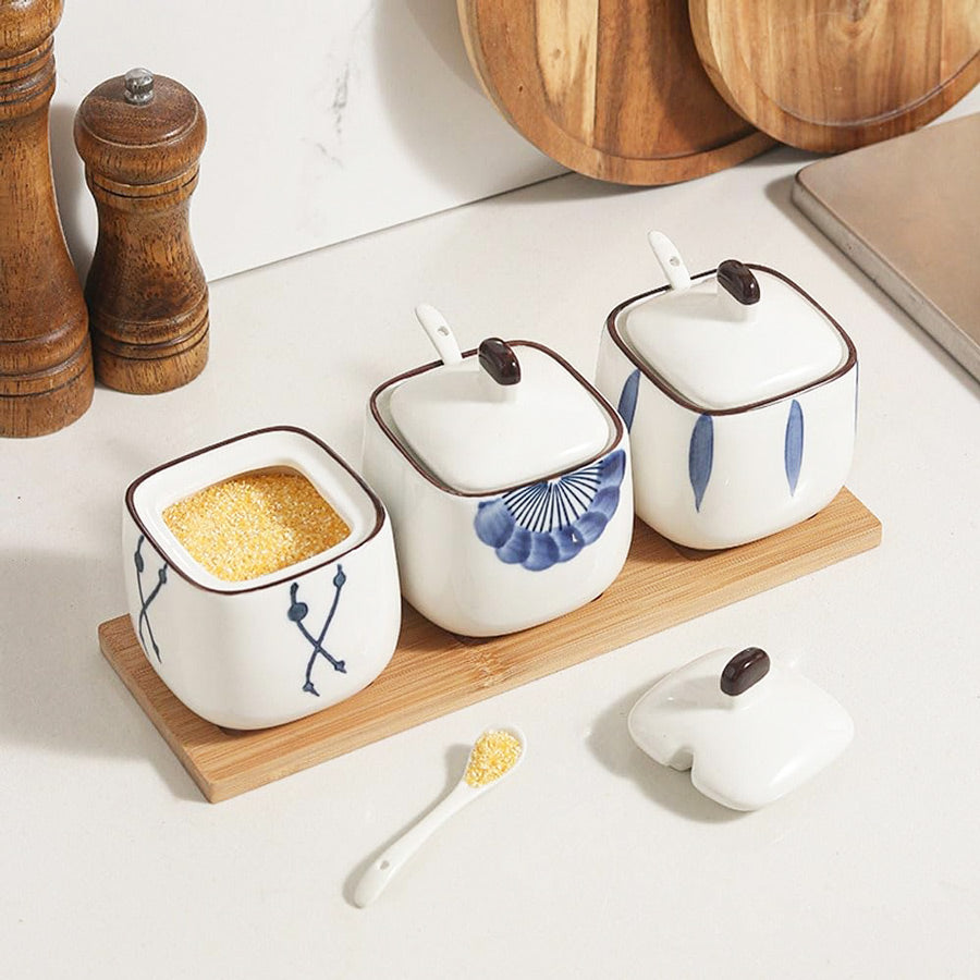 Aoki Condiment Jars with Wooden Tray - White Blue