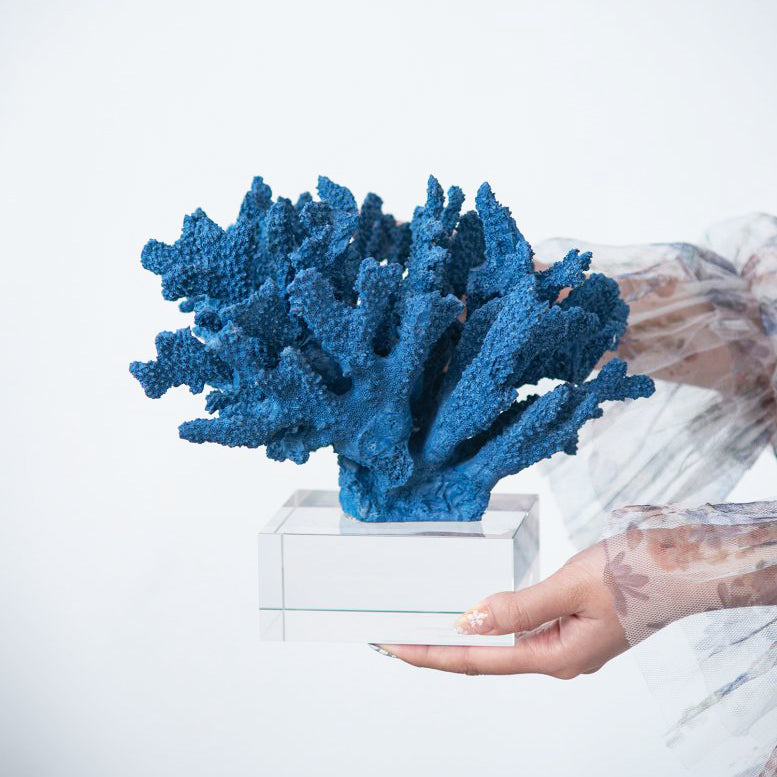 Aqua Coral Decorative Sculpture With Base - Blue