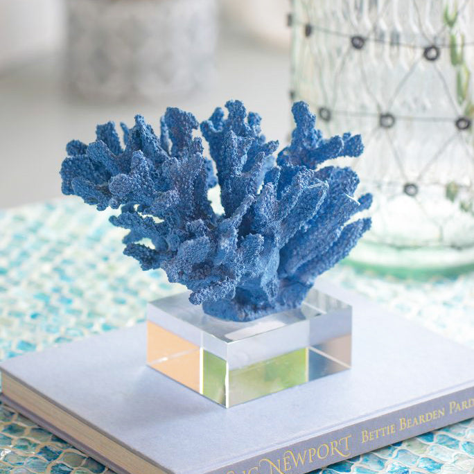 Aqua Coral Decorative Sculpture With Base - Blue