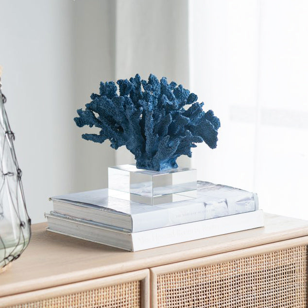 Aqua Coral Decorative Sculpture With Base - Blue