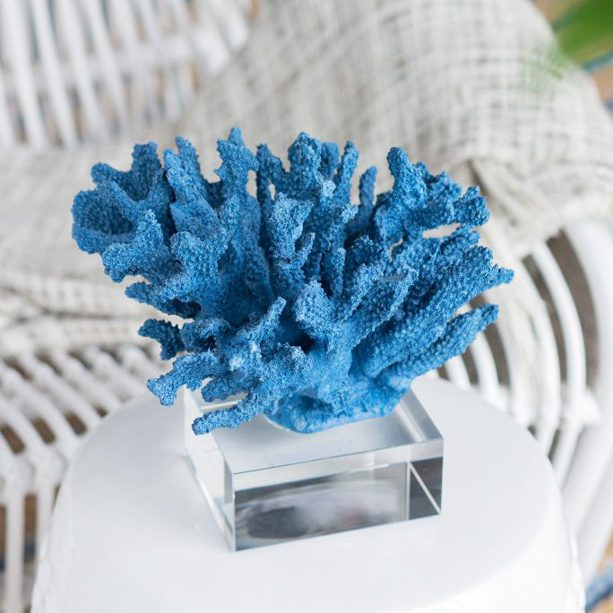 Aqua Coral Decorative Sculpture With Base - Blue