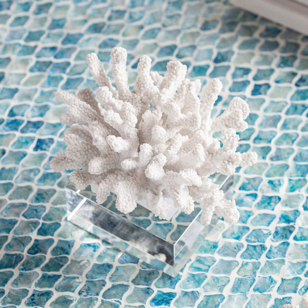 Aqua Coral Decorative Sculpture With Base Small - White