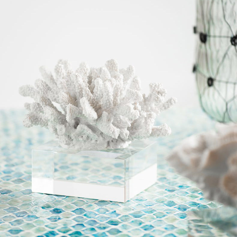 Aqua Coral Decorative Sculpture With Base Small - White