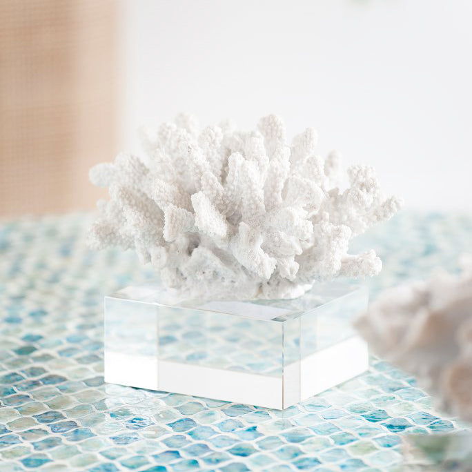 Aqua Coral Decorative Sculpture With Base Small - White