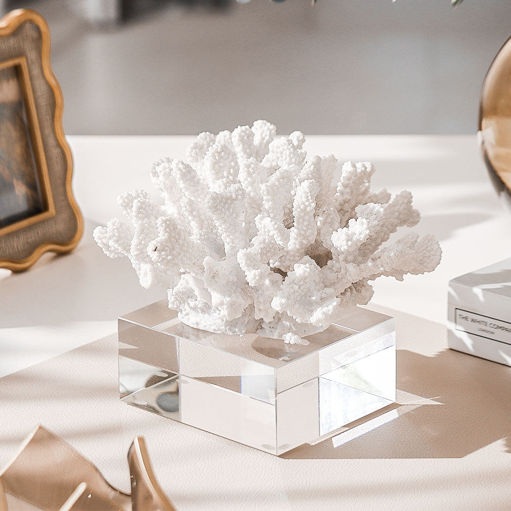 Aqua Coral Decorative Sculpture With Base Small - White