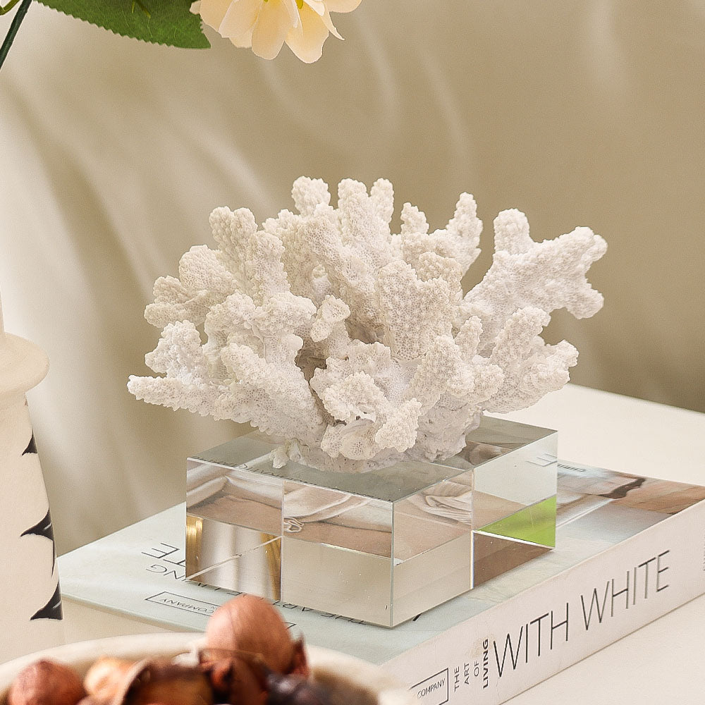 Aqua Coral Decorative Sculpture With Base Small - White