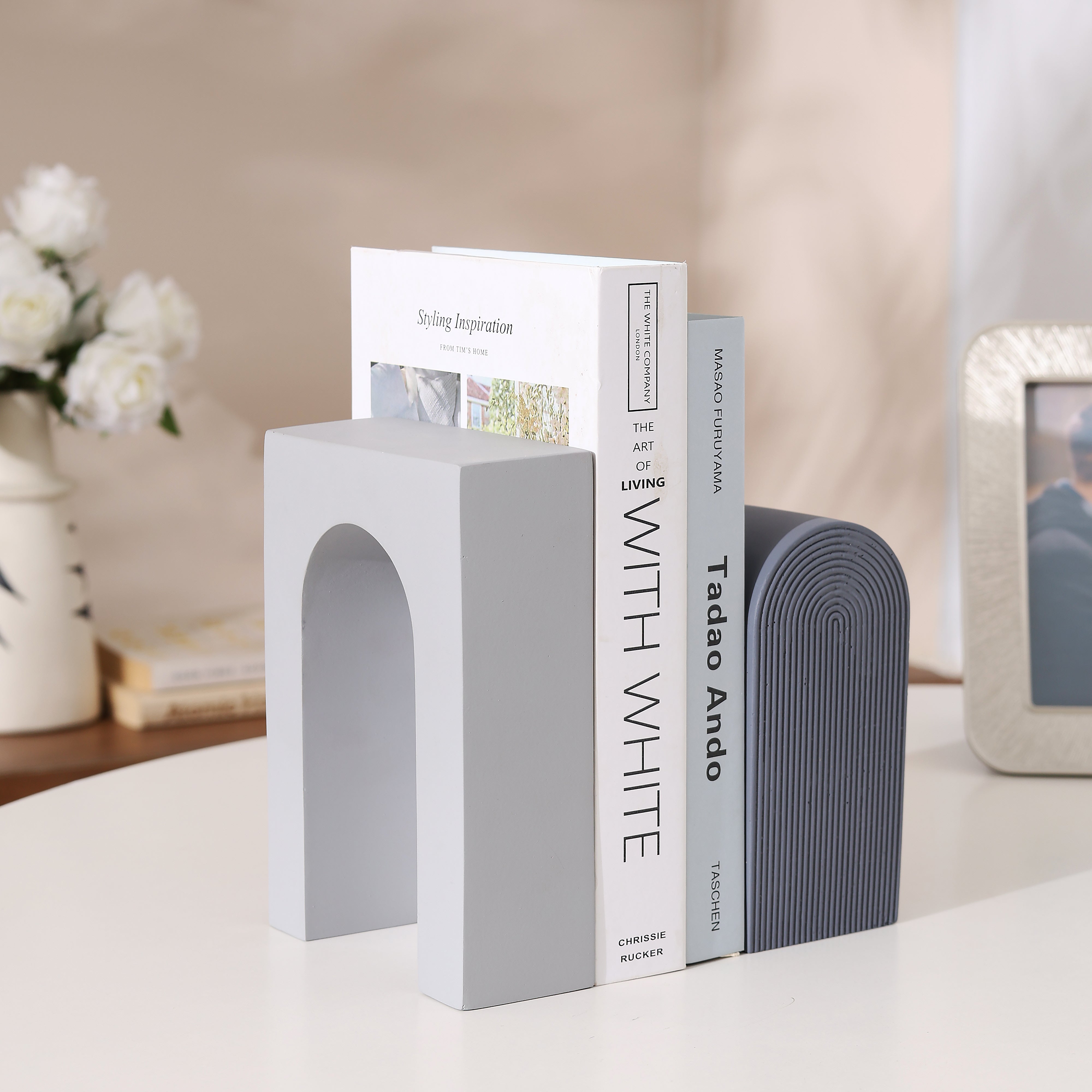 Arched Concrete Bookends, Set of 2 - Grey