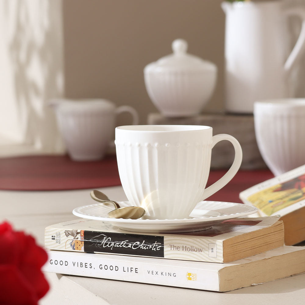 Aria Ceramic Cup and Saucer Set - White