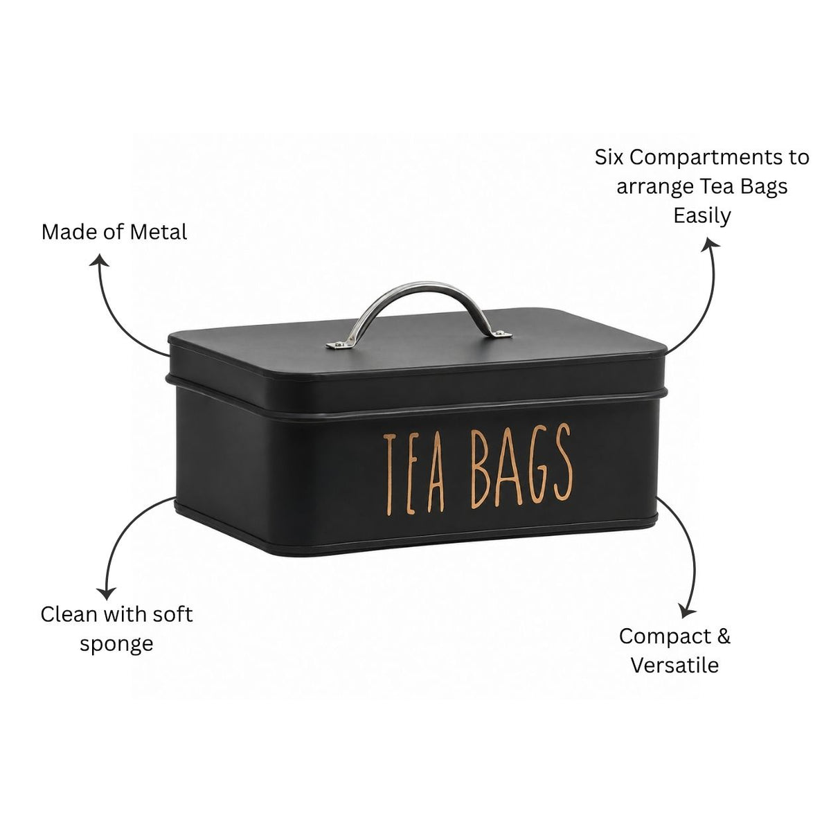Asilo Metal Tea Bags Storage Box - Black Gold