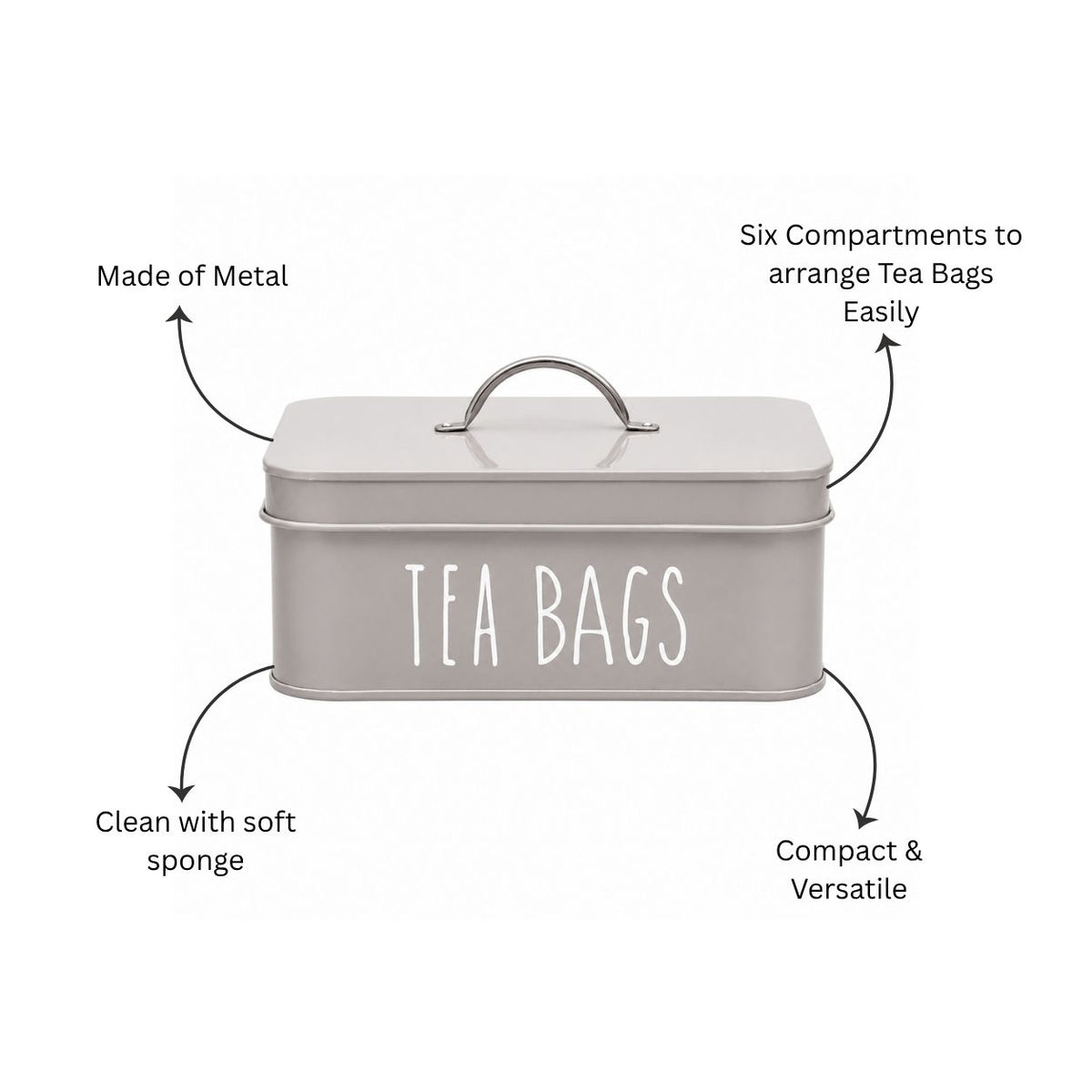 Asilo Metal Tea Bags Storage Box - Grey
