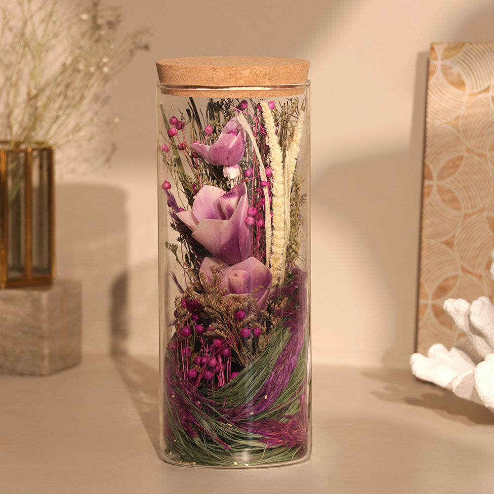 Aura Dried Flowers Bouquet in Glass Jar - Purple