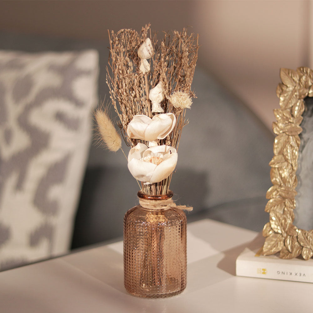 Aura Dried Flowers Bouquet in Glass Vase - Beige Orange