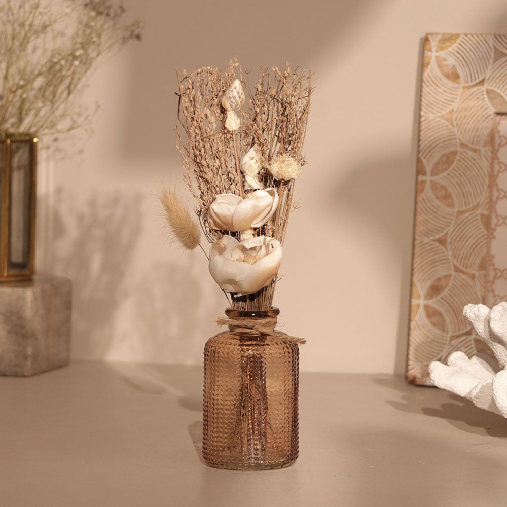 Aura Dried Flowers Bouquet in Glass Vase - Beige Orange