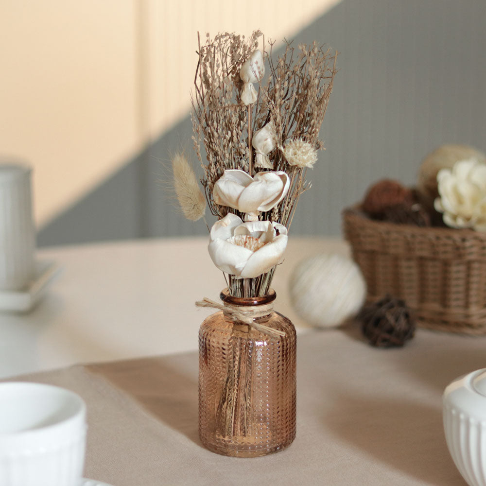 Aura Dried Flowers Bouquet in Glass Vase - Beige Orange
