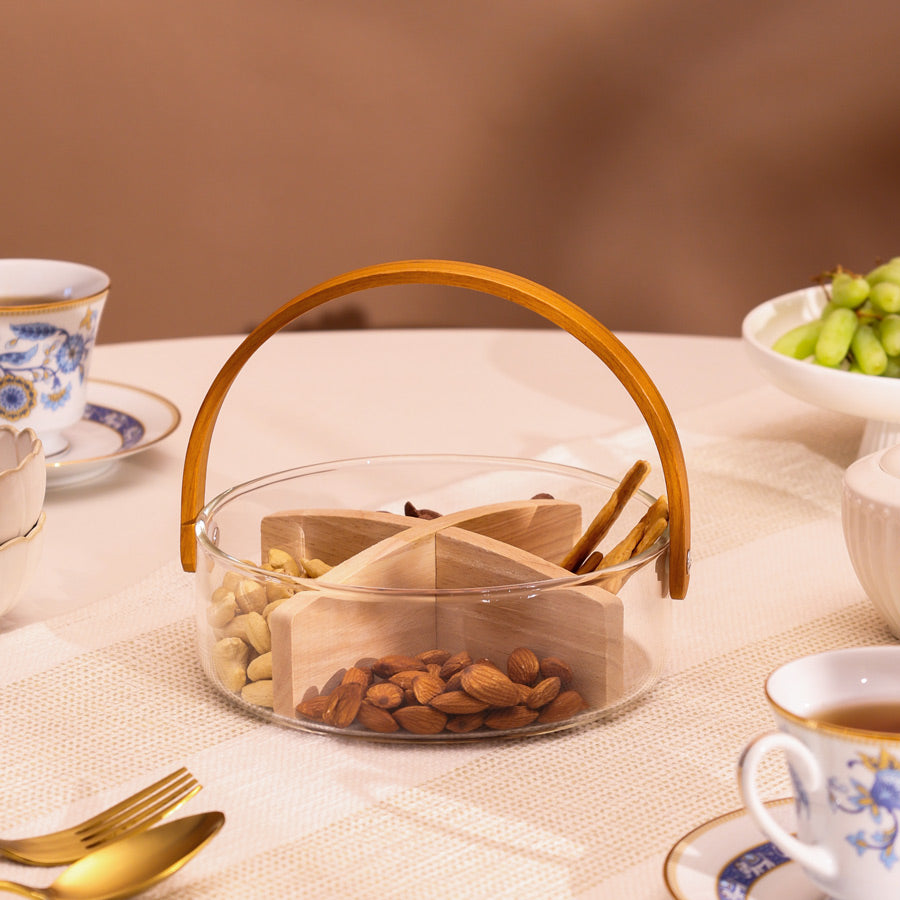 Aura Sectional Glass Storage Basket with Wooden Handle