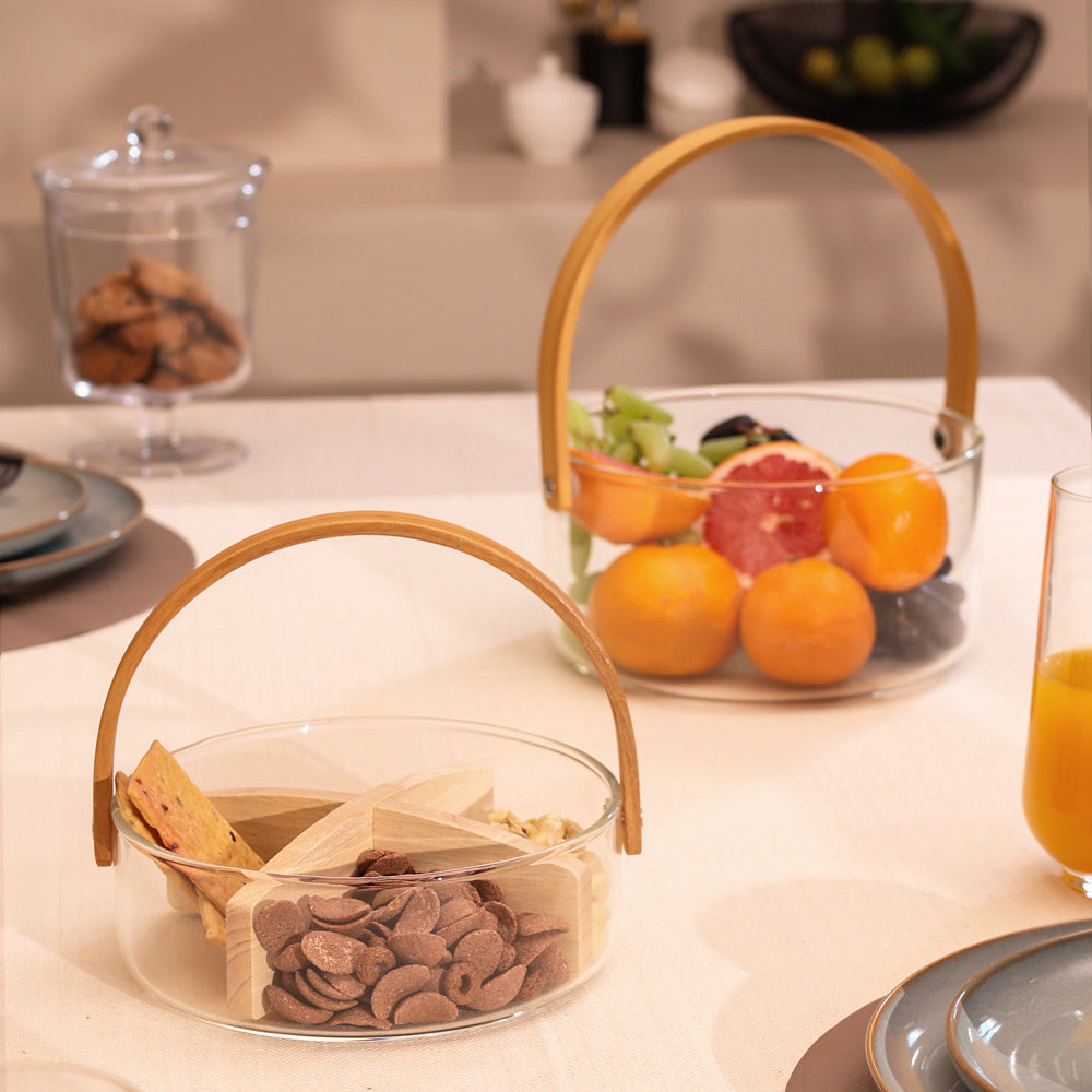 Aura Sectional Glass Storage Basket with Wooden Handle