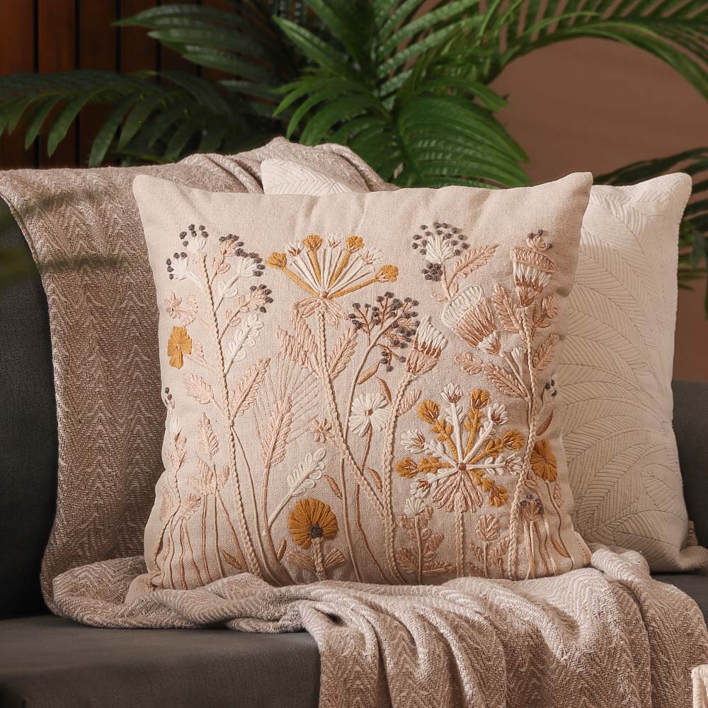 Autumn Flora Embroidered Cushion Cover 45x45cm - Mustard Beige