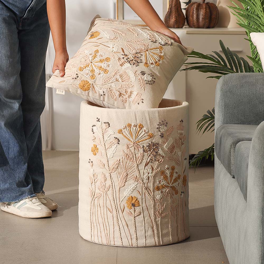 Autumn Flora Embroidered Storage Basket - Mustard Beige