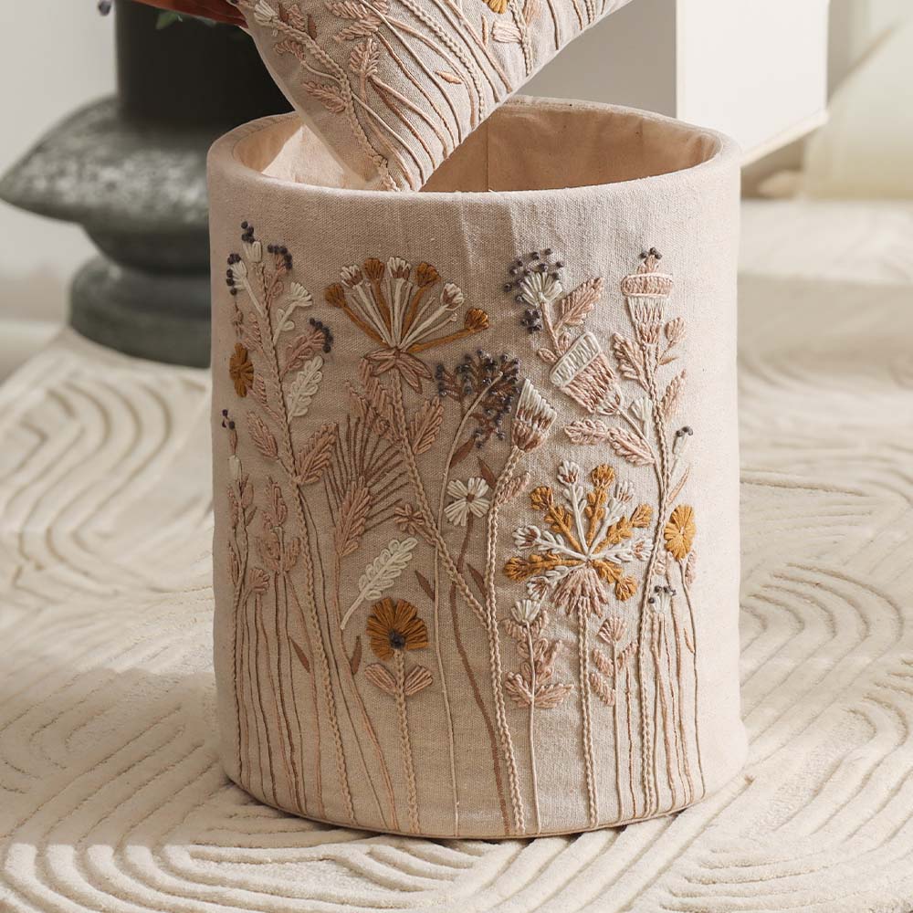 Autumn Flora Embroidered Storage Basket - Mustard Beige