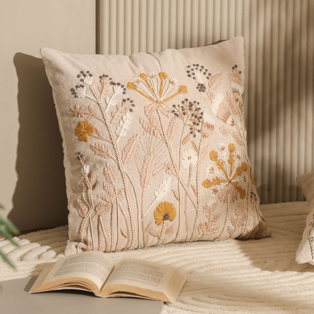 Autumn Flora Embroidered Cushion Cover 45x45cm - Mustard Beige