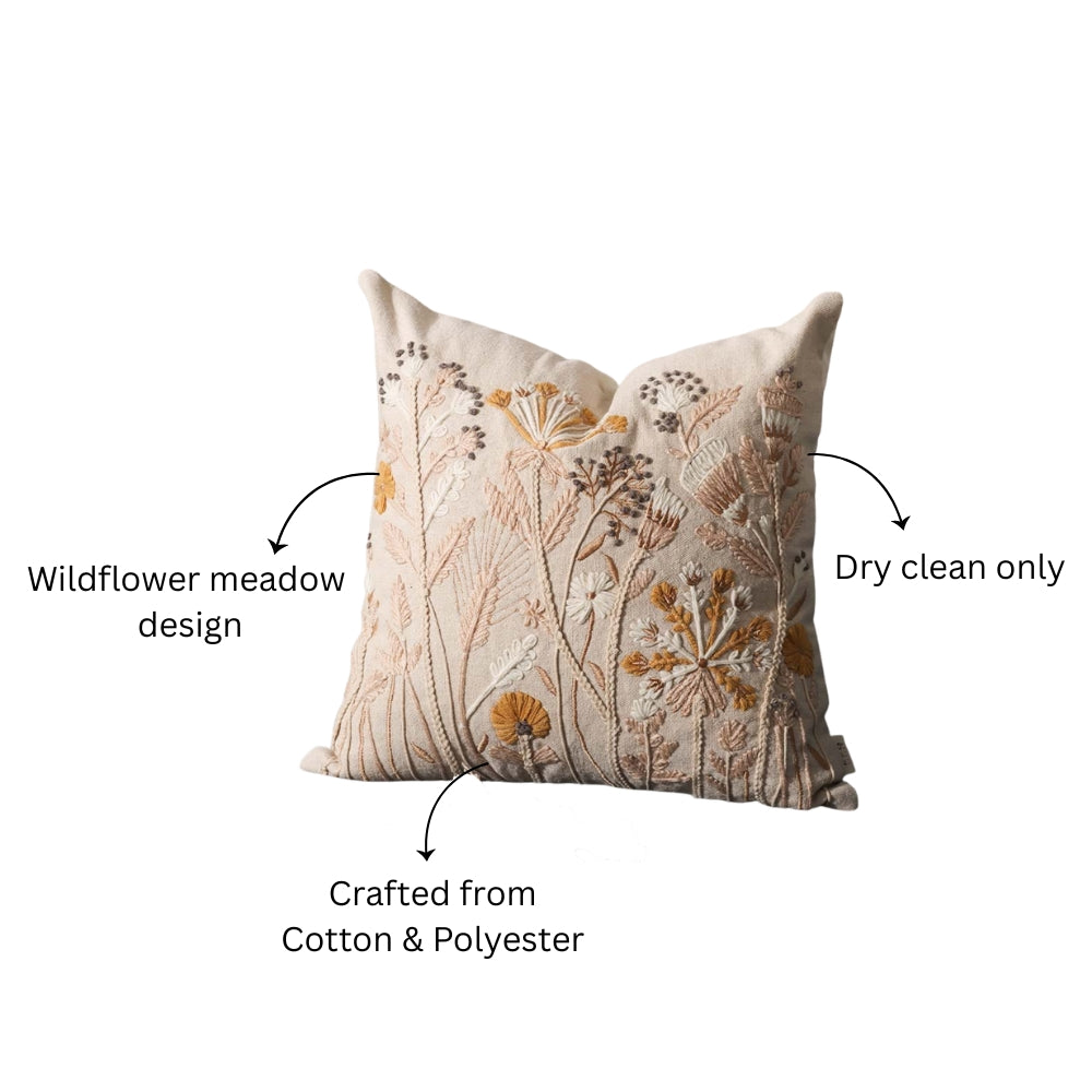 Autumn Flora Embroidered Cushion Cover 45x45cm - Mustard Beige